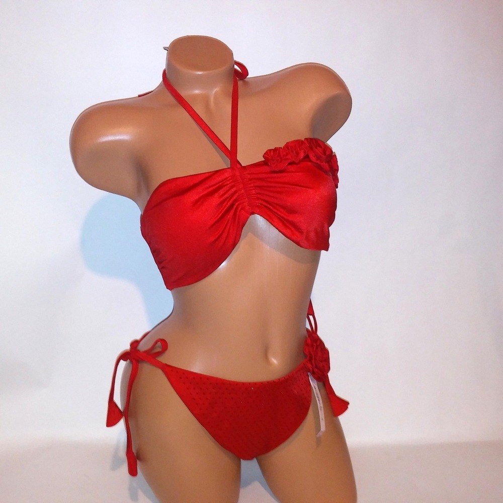 Victoria Secret Swim Bikini Medium Top XL Bottom Red Bling Floral Shimmer Halter